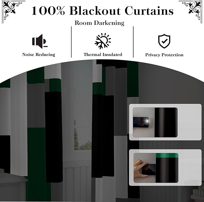 Green 100% Blackout Curtains 45 inch Length 2 Panels Set White Grey Modern Abstract Geometric Drapes for Kitchen Black Out Curtains Insulated Room Darkening Small Window Curtains, 52Wx45L