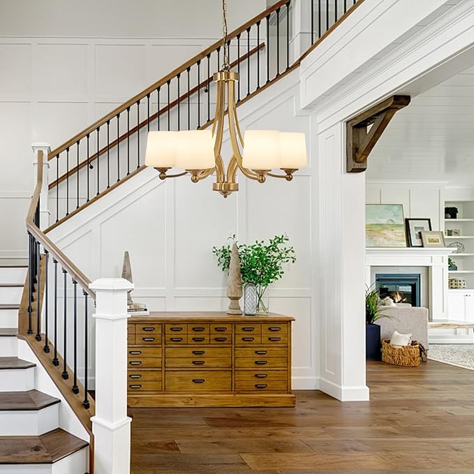 Modern 6-Light Brass Chandelier 25.59in Frosted Glass Chandeliers Metal Mid-Century Gold Pendant Light Fixtures for Living Room Dining Room Bedroom Foyer Stairway