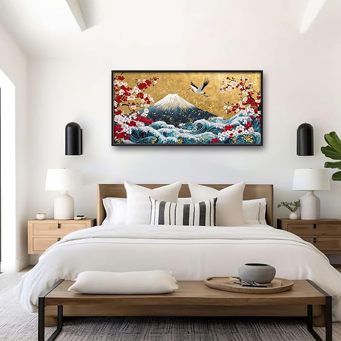 Japanese Large Wall Art for Living Room, Fuji Mountain Oversized Wall Decor Pictures, Ocean Wave Framed Canvas Print Painting, Vintage Artwork for Bedroom Office Home Decor 60"x30"