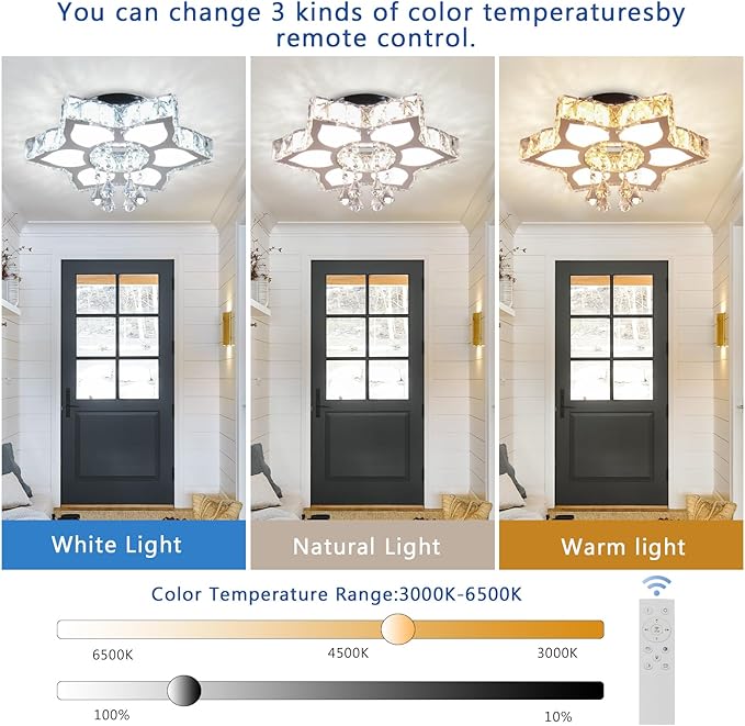 FRIXCHUR 16.1 Inch Dimmable Modern Crystal Chandelier Led Ceiling Light Fixture with Remote Flower Chandelier for Living Room Dining Room Closet