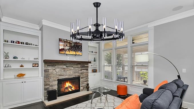 Black Ceiling Fans with 12 Lights Wagon Wheel Chandelier, 38 Inch Modern Farmhouse Fandelier, Quiet 6-Speed Reversible DC Motor, 1/2/4H Remote Timing for Living Room/Bedroom/Kitchen