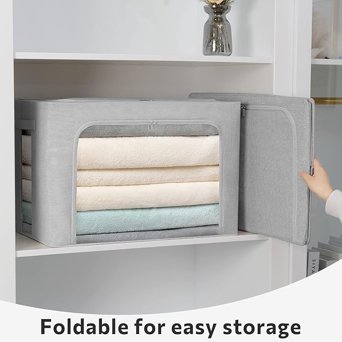2 Pack Clothes Storage Bins Stackable Metal Frame Storage Box Large Capacity Foldable Linen Fabric Box Organizer with Carrying Handles and Clear Window (Light Gray, 19.7x 15.7x 12.6 Inch)