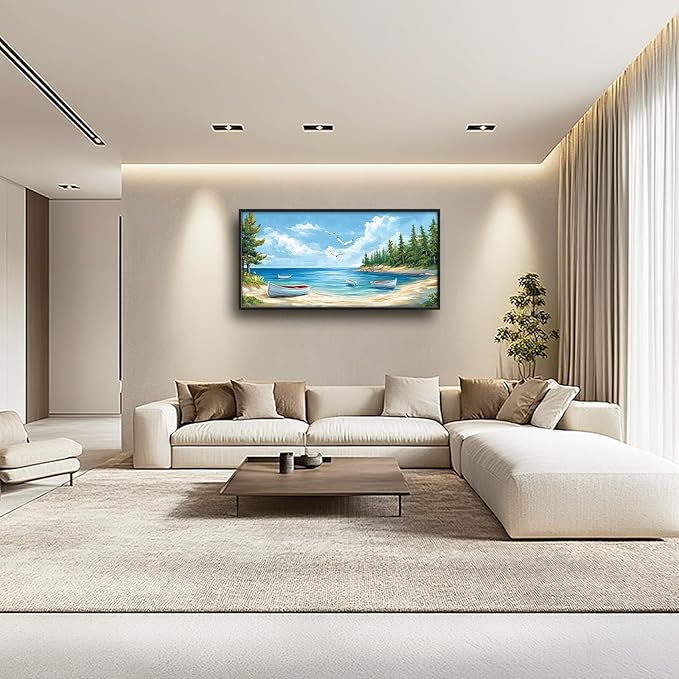 Framed Large Wall Art for Living Room, Beach Boat Canvas Wall Decor, Large Coast Sailboat Picture Framed Painting, Modern Artwork for Bedroom Office 60L'' × 30W''