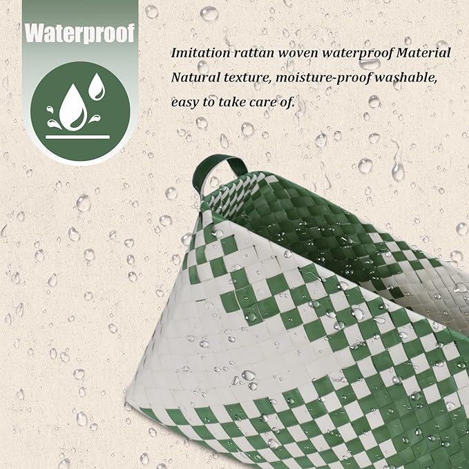 BROWNLILY Handwoven Clothes Basket Laundry Hampers Large Wicker Storage Baskets for Shelves Blankets Closet Storage Bins Car Bedroom Bathroom Organizers and Storage Bath (Pack of 4, Green&White)