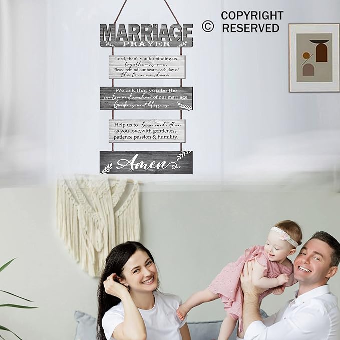 Buecasa Marriage Rustic Sign with 5pcs Panels Strung Together - Bridal Shower Gift for Couples Wife Husband - Christian Religious Inspiring Home Decor Newlywed