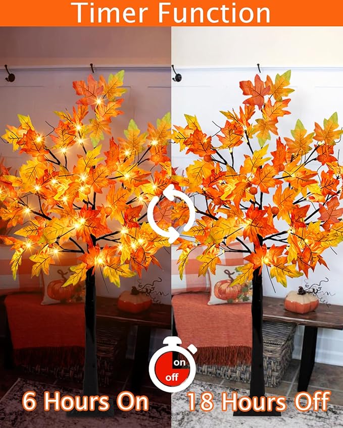 4FT Fall Lighted Maple Trees with 48 LEDs Lights 12 Pumpkins Fake Fall Light Up Tree Artificial Autumn Maple Trees for Indoor Outdoor Thanksgiving Fall Decor