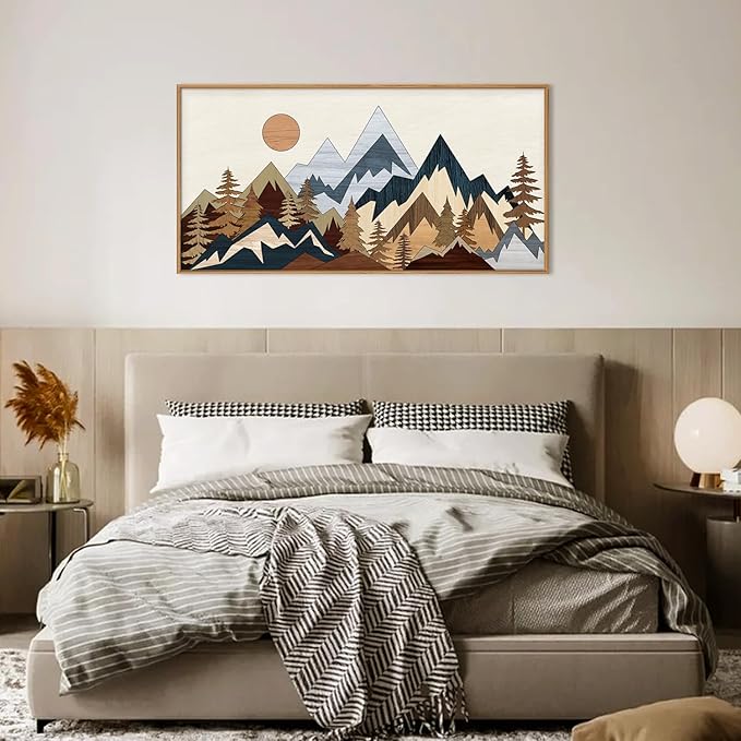 HOURIA Mid Century Mountain Woodland Framed Wall Art Set,Boho Sunrise Pine Tree Wall Decor,Wilderness Nature Forest Artwork,Modern Woodcut Field Art Print for Living Room,Bedroom,Office- 20"x40"x1