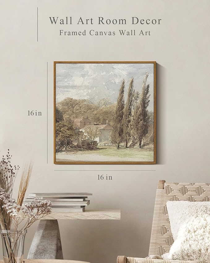 InSimSea Square Framed Canvas Wall Art, Gardens Classical Scenery Paintings, Rustic Gardens Wall Pictures for Bedroom Bathroom Living Room, Canvas Prints Artwork, Vintage Home Decor 16"x16"