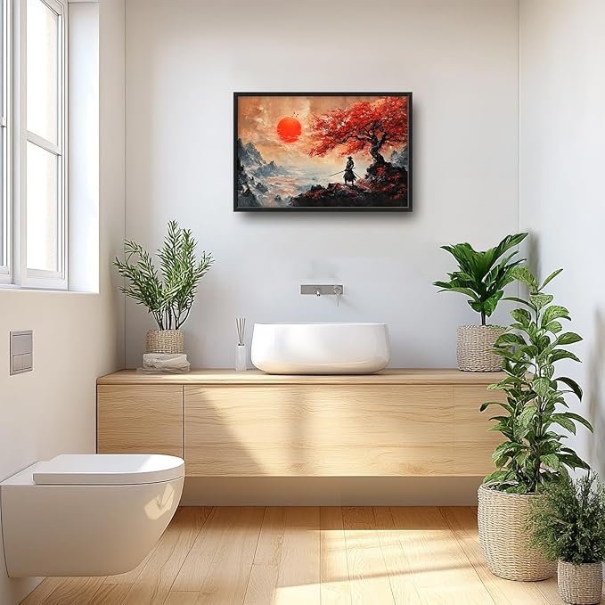 Flintis Large Samurai Framed Wall Art Japan Warrior Pictures Wall Decor Abstract Japanese Art Canvas Painting Print Artworks Decor Framed for Living Room Bathroom Master Bedroom Office 36L X 24W