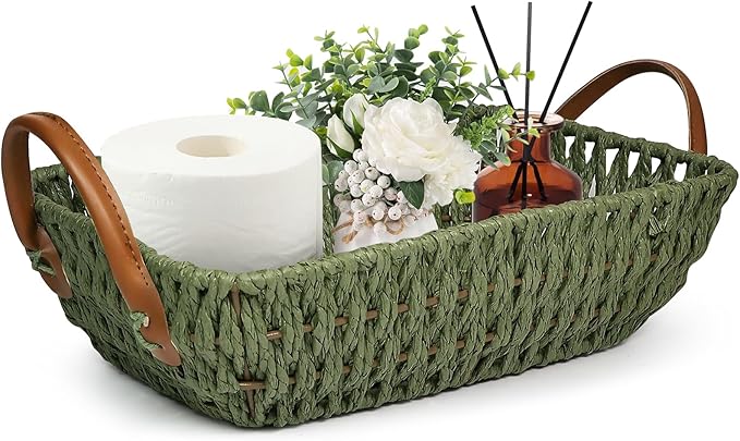 Paper Rope Woven Toilet Paper Basket, Small Wicker Storage Baskets for Organizing with Handles, Bedroom Decor Baskets Toilet Tank Shelf Storage Bins (1pc Green)