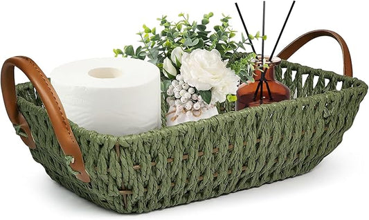 Paper Rope Woven Toilet Paper Basket, Small Wicker Storage Baskets for Organizing with Handles, Bedroom Decor Baskets Toilet Tank Shelf Storage Bins (1pc Green)