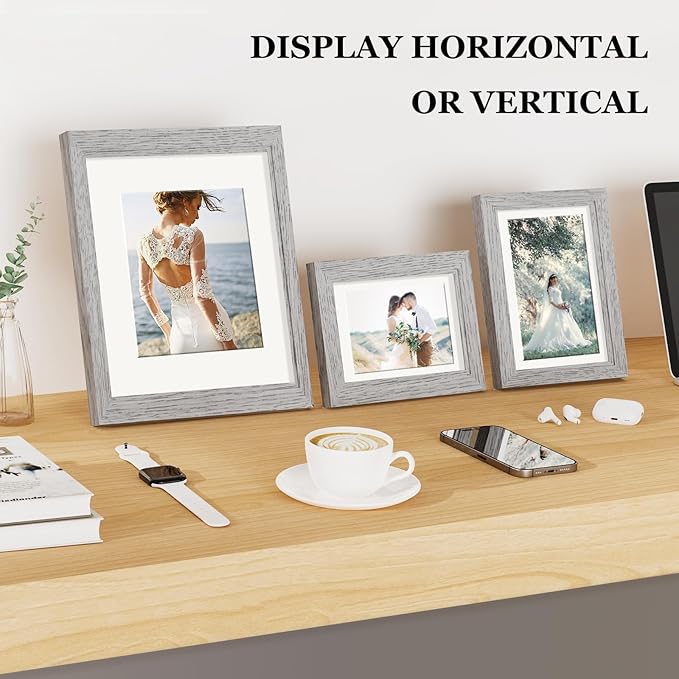 Picture Frames Set of 10 Gray Wood Grain, Bulk MDF Frames for 8x10, 5x7, 4x6 Photos Real Glass for Wall or Tabletop