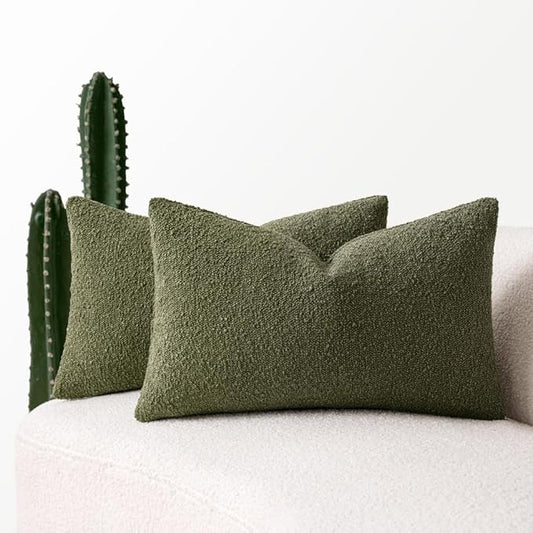MIULEE 12x20 Inch Decorative Lumbar Throw Pillows for Bed Set of 2 Textured Boucle Neutral Throw Pillow Covers Olive Green Accent Solid Pillowcase Cozy Soft Sofa Livingroom Home Decor