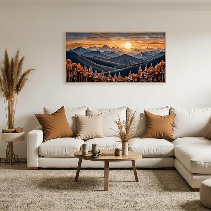 HOURIA Large Woodland Mountain Sunset Framed Canvas Wall Art Set,Wilderness Wooden Forest Landscape Wall Decor,Nature Botanical Artwork,Boho Pine Tree Art Print for Living Room,Bedroom- 20"x40"x1