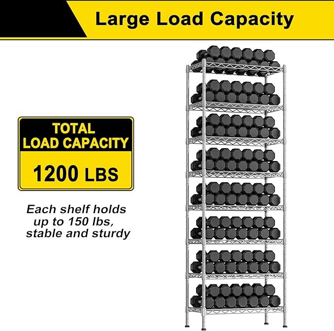 GIOTORENT 8-Wire Garage Shelving Storage Shelves, Kitchen Storage Adjustable Shelf, Metal Shelves 1600Lbs Capacity 24" W x 14" D x 72.2" H for Laundry Bathroom Pantry Closet, Silver