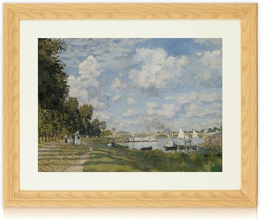 Brivoria Framed Canvas Wall Art Vintage Decor, Impressionist Riverside Painting with Autumn Sky, Sailboats, and Riverside Path for Living Room Bedroom Dining Room or Fireplace Mantel Display, 16"x20"