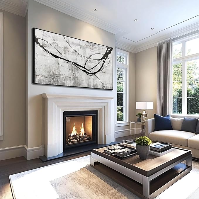 XIANSHOU Black Line Canvas Pictures Gray Decorative Painting 29"x58" Wood Wall Art Modern Art Prints Abstract Wall Art for Living Room Wall Pictures for Bedroom