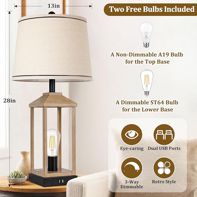 28" Farmhouse Table Lamp with 2 Light, 3-Way Dimmable Vintage Touch Control Nightstand Bedside Wood Lamp with USB Ports for Living Room, Bedroom, Home, Office, 2 Bulbs Included