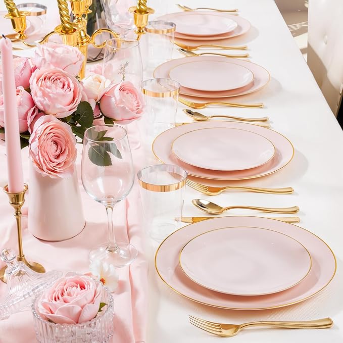 Nervure 100PCS Pink and Gold Plastic Plates - 10.25 inch Pink Disposable Plates with Gold Rim - Party Plate - Dinner Plate Ideal for Wedding & Party