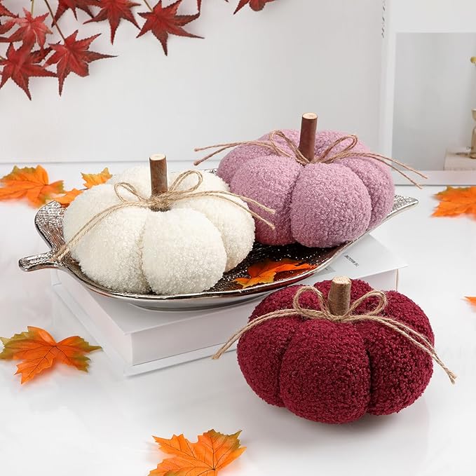 6" Fake Fall Pumpkin Decorations for Home, 3 Pcs Artificial Big Fabric Pumpkins Autumn Decor Faux Pumpkins for decorating, Fall Table Centerpiece Harvest Decor, Halloween Thanksgiving, Burgundy & Pink
