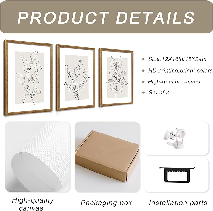 WRFON Neutral Botanical Canvas Wall Art, Minimalist Black Line Flower Poster Prints, Boho Beige Floral Wall Decor, Abstract Plant Leaf Aesthetic Picture for Bedroom Living Room Wood Framed 12"x16"x3