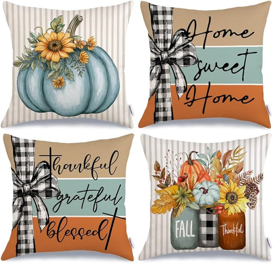 GEEORY Fall Pumpkin Sunflowers Pillow Covers 18x18 Inch Set of 4, Mason Jars Sweet Home Buffalo Plaid Bowknot Autumn Thanksgiving Decorative Throw Pillows Farmhouse Decoration for Sofa Aqua
