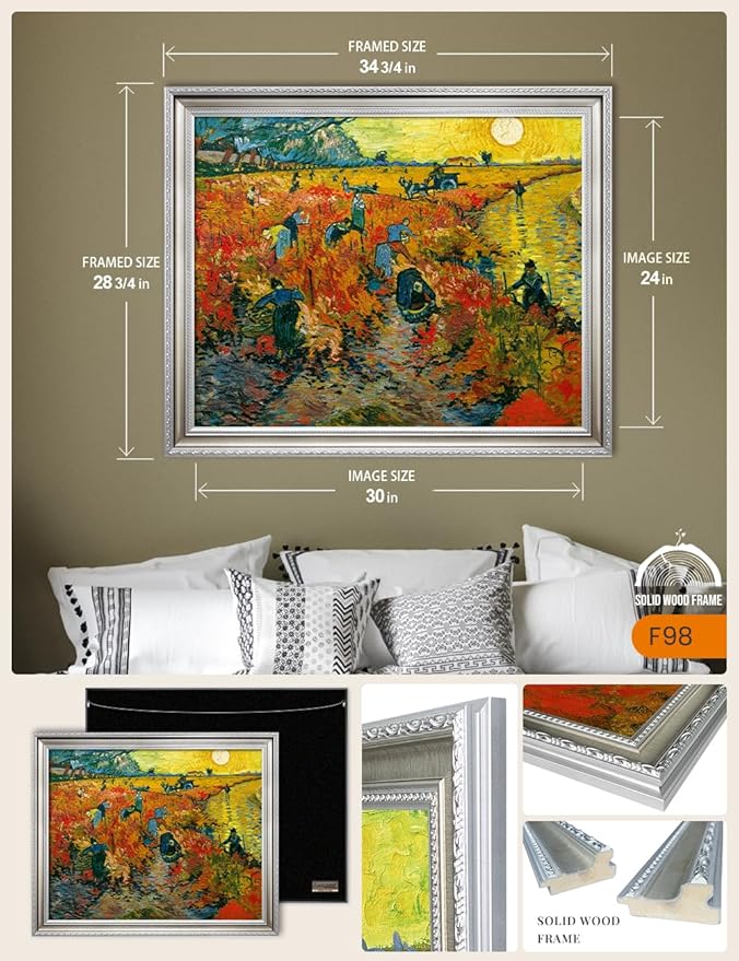 DECORARTS - The Red Vineyards, Vincent Van Gogh Art Reproduction. Acid Free Cotton Canvas Giclee Print w/Bronze Frame&Mat for Wall Decor.
