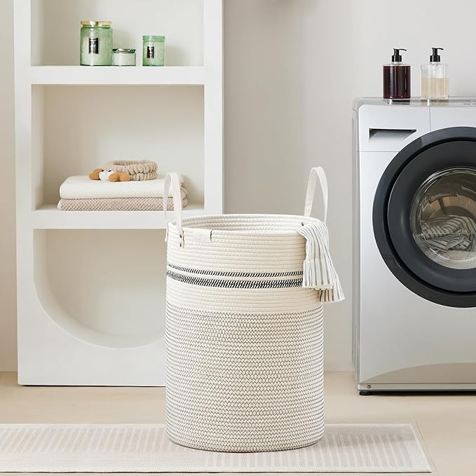 VIPOSCO Tall Laundry Basket, Large Dirty Clothes Hamper with Leather Handle, Woven Rope Storage Basket for Blanket, Toy In Living Room, Bathroom, Bedroom - 72L Stripe White
