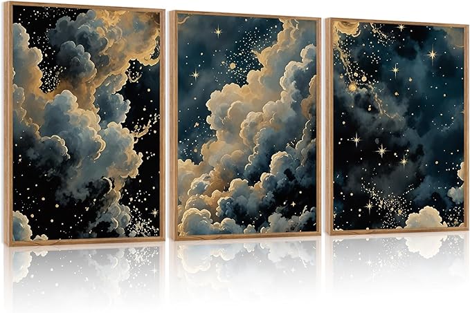 HPINUB Misty Starry Sky Framed Canvas Wall Art Set, Rustic Nature White Clouds&Stars Wall Decor, Mystical Starry Night Landscape Art Print Dreamy Painting for Living Room, Bedroom, Office - 16 x 24 x3