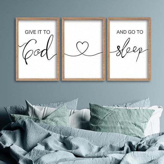 SRSZHIYUE Give It To God And Go to Sleep Set of 3 Wall Decor 16"x11" for Master Bedroom Above Bed Sign Guest Room Decoration (Wood)