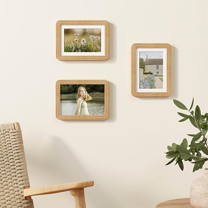 5x7 Picture Frame Set of 3, 5 by 7 Photo Frames for Wall & Tabletop Display, Solid Oak Wood Frames with Plexiglass, 5x7 Frame Matted to 4x6, Light Wood 5 x 7 Gallery Wall Frame Set, Natural Oak Color