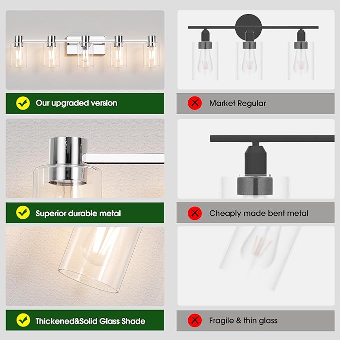 5-Light Modern Vanity Light Fixtures Over Mirror, Chrome Bathroom Light Fixtures, Vanity Lights, Wall Sconce with Clear Glass Shade for Bathroom, E26 Base