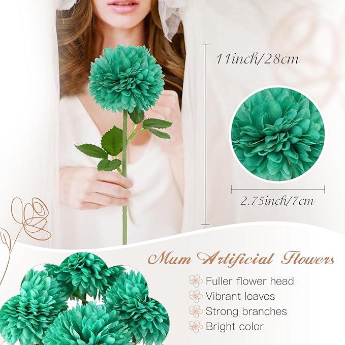 Floweroyal 24pcs Teal Flowers Artificial Chrysanthemum Ball Silk Hydrangea Flowers Bridal Wedding Bouquet for Home Garden Party Office Coffee House Decoration