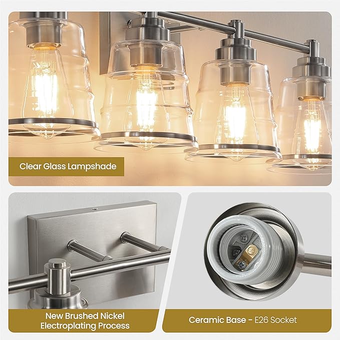 Brushed Nickel Bathroom Vanity Light Fixture, 4 Light Bathroom Light Fixtures Over Mirror with Clear lampshade and Metal Base Sconce,29.1 inch Modern Vanity Light for Bathroom(Exclude E26 Bulb)