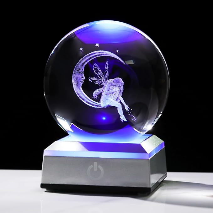 Crystal Ball 3D Engraved Fairy & Moon Gifts for Daughter Wife Glass Sphere with LED Colorful Base 3.15‘’ Gifts Ideas on Birthday Christmas for Women Fairy Lover Home Decor Figurine