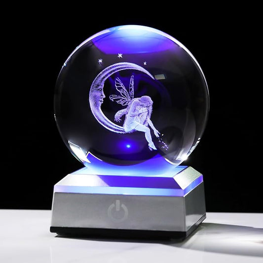 Crystal Ball 3D Engraved Fairy & Moon Gifts for Daughter Wife Glass Sphere with LED Colorful Base 3.15‘’ Gifts Ideas on Birthday Christmas for Women Fairy Lover Home Decor Figurine