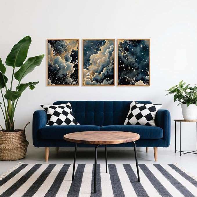 HPINUB Misty Starry Sky Framed Canvas Wall Art Set, Rustic Nature White Clouds&Stars Wall Decor, Mystical Starry Night Landscape Art Print Dreamy Painting for Living Room, Bedroom, Office - 16 x 24 x3