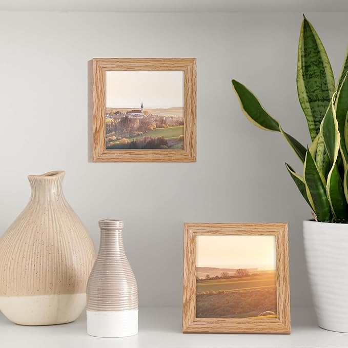 4x4 Picture Frame, Solid White Oak Wood Frame 4 by 4, 4 x 4 Square Photo Frame with Tempered Real Glass, Rustic Wooden Frame 4"x4" for Wall & Tabletop Display, Natural Color, Set of 2