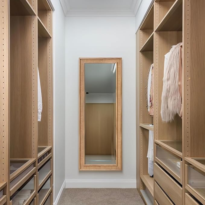 Rattan Full Length Mirror 27"x67" Long Mirror Wood Framed Large Hanging Wall Mounted Mirror Full Body Mirror Decorative Rectangle Floor Mirror Leaning Against Wall for Bedroom Living Room