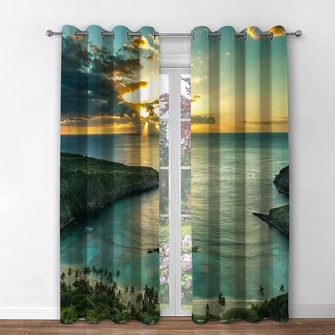 Jekeno Ocean Beach Blackout Curtains Ocean Morning Sunrise Decor for Bedroom Living Room with Hawaiian Seaside Scene Island Green Print Grommet Window Drapes 2 Panel Set, 42"x84"