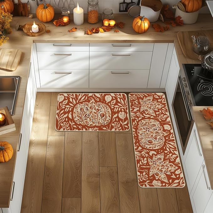 Artoid Mode Orange Flower Pumpkin Fall Kitchen Mats Set of 2, Autumn Home Decor Low-Profile Kitchen Rugs for Floor - 17x29 and 17x47 Inch