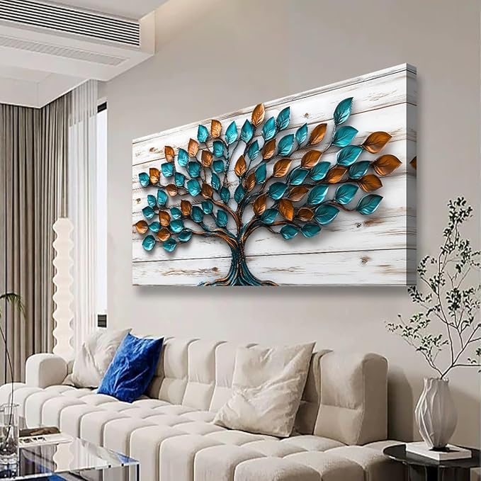 Tree of Life Teal Gold Tree Leaves Pictures Canvas Wall Art for Living Room Office Bedroom Abstract Wall DecorArt Print Paintings Modern Metal Tree Wood Plank Artwork Waterproof to Hang-20x40inch
