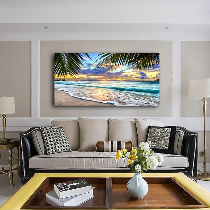 Beach Canvas Wall Art Seascape Theme Pictures Home Decor Blue Ocean White Wave Palm Tree Prints Paintings for Living Room Bathroom Bedroom Kitchen Office Decoration Natural Scenery Artwork 24x48inches