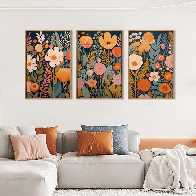 IARTTOP Large Floral Framed Canvas Wall Art 16x24 Inch Orange Abstract Blossom Flowers Wall Decor Set of 3 Mid-century Modern Boho Botanical Art Prints for Living Room Bedroom Office