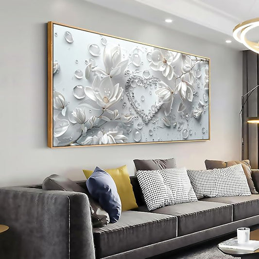 Wall Art Modern Flowers Artwork Love Heart Wall Decor White Canvas Prints for Living Room Bedroom Dining Room Home Office Decor Large Framed Ready to Hang 20"x40"