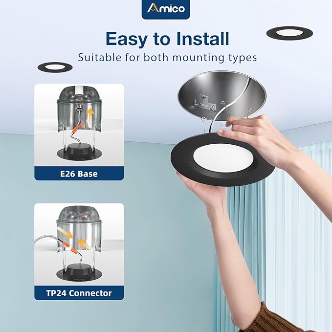 Amico 24 Pack 5/6 inch 5CCT LED Recessed Lighting, Dimmable, 12.5W=100W, 950LM, 2700K/3000K/4000K/5000K/6000K Selectable, Retrofit Can Lights with Baffle Trim, IC Rated - ETL & FCC, Black