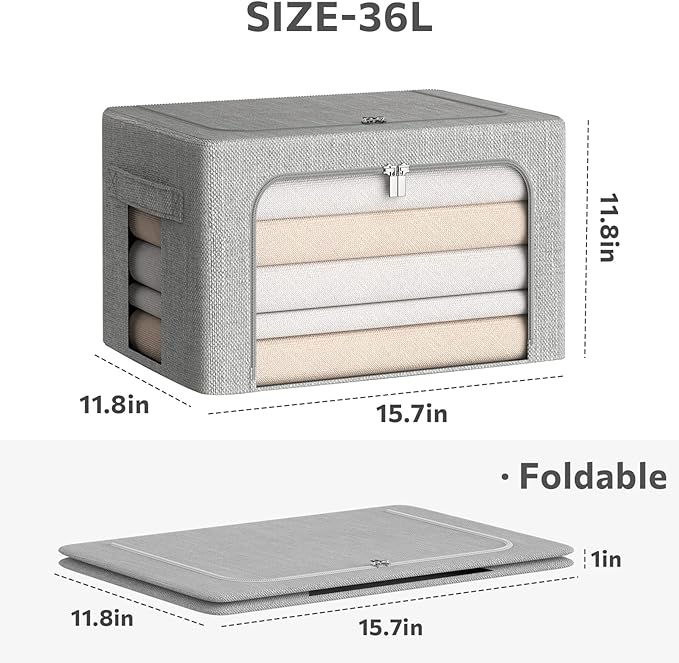 3Pack Foldable Storage Bins - Frame Storage Box Linen Fabric Stackable Clothes Container Organizer with Clear Window & Carry Handles Large Capacity (Medium-36L, Light Grey)