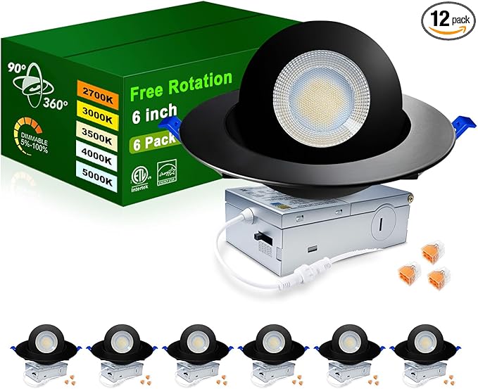 zouzai 5CCT LED Gimbal Led Recessed Light with Junction Box, 360°+90° Adjustable Directional Eyeball Lighting, Dimmable, 2700K/3000K/3500K/4000K/5000K,ETL&Energy Star (6 inch, Black 6 Pack)