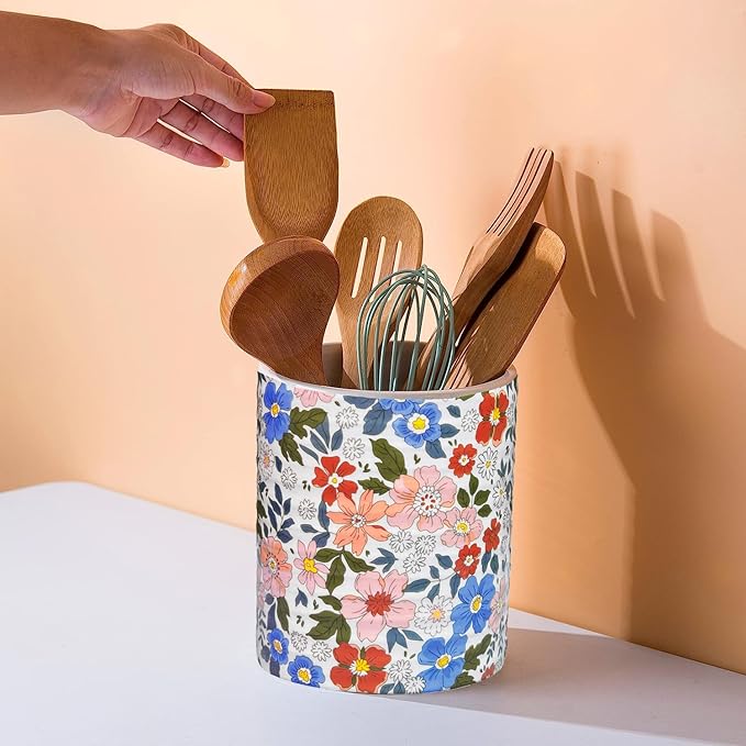 Kitchen Utensil Holder,7.2″Extra Large Stable Vintage Floral Pattern Ceramic Utensil Crock,Flower Utensil Organizer for Countertop,Kitchen Decor,Utensil Holder for Housewarming Gift Pink