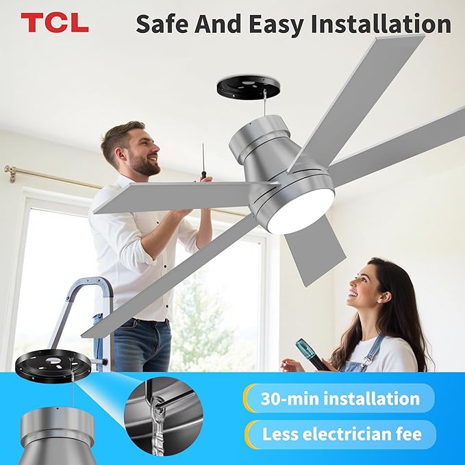 TCL 52" Silver Ceiling Fan with Light and Remote, Modern LED 3-Color, Quiet Motor for Bedroom, Living Room, Dining Room, Ceiling Fans with Lights (Silver)